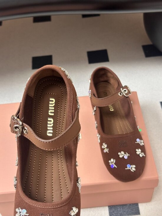 Miu Miu Brown Rhinestone-Embellished Mary Jane Ballet Flats - Picture 7 of 8